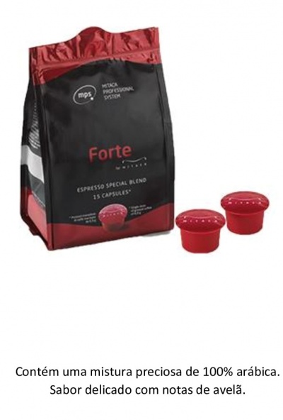 Pacote preto e vermelho de cápsulas de café Forte com duas cápsulas vermelhas