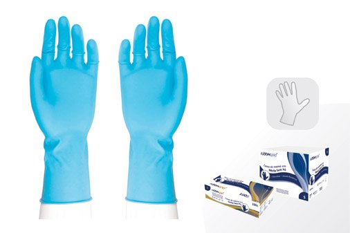 Par de luvas azuis e caixas de embalagem branca com detalhes azuis e dourados.