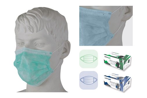 Máscaras cirúrgicas descartáveis em azul e verde com embalagem PRESTIGE.