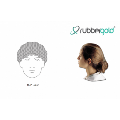 Logótipo 'rubbergold' com ilustração de touca de malha e fotografia de mulher com cabelo apanhado