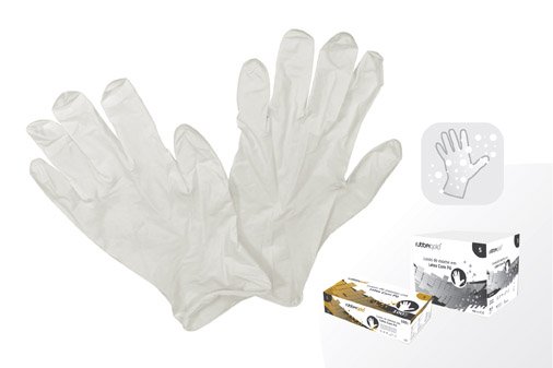 Par de luvas descartáveis brancas com caixas de embalagem