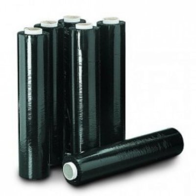 Seis rolos de película aderente preta sobre superfície branca