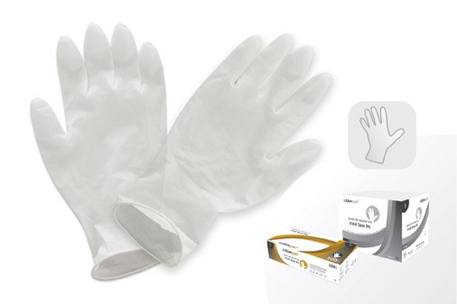 Luvas brancas descartáveis de vinil com duas caixas de embalagem em branco, preto e dourado