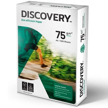 Pacote de papel A4 branco da marca DISCOVERY de 75 g/m² com 500 folhas