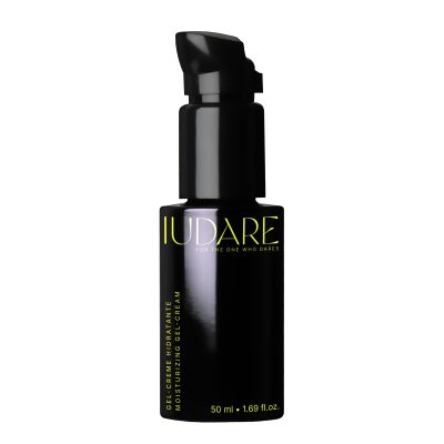 Frasco preto com dispensador e texto amarelo e branco