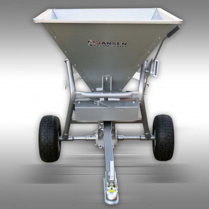 ESPALHADOR SW 200 Carrinha agrícola metálica cinza com rodas e etiqueta JANSEN A.C. ESPINHO