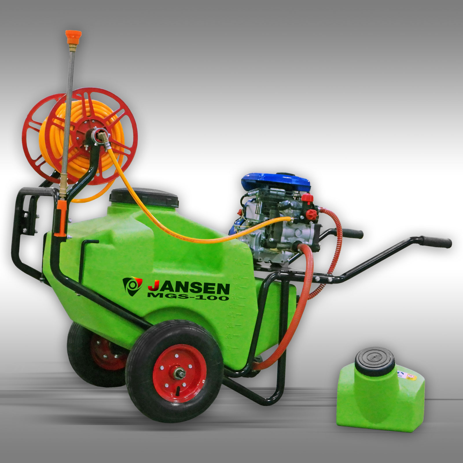 Pulverizador motorizado MGS-100 Pulverizador agrícola verde JANSEN MAGS 100 com rodas vermelhas e motor a gasolina