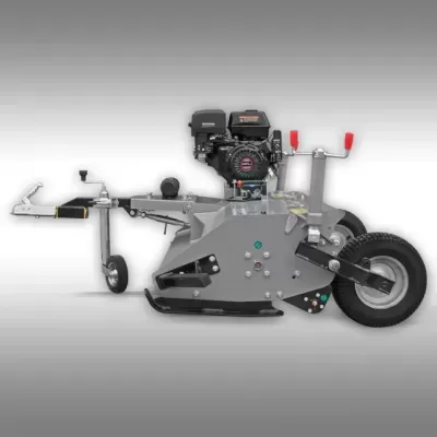 Máquina de cortar relva com motor preto e estrutura cinza