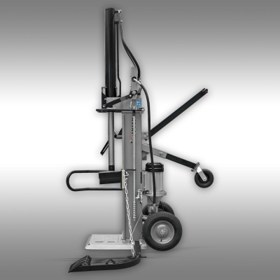 Elevador ou carrinho de transporte metálico cinza e preto com rodas e cabos