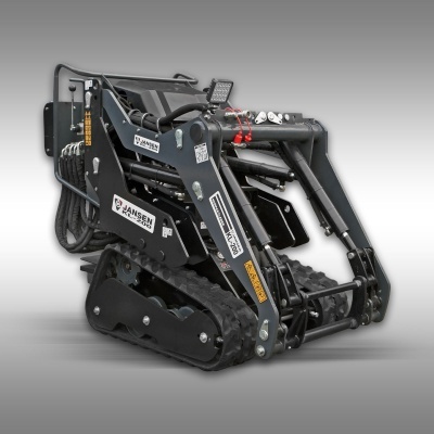 Mini carregadora preta com esteira em borracha e etiquetas HANSEN HV1600 Plus