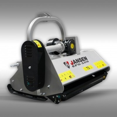 Máquina agrícola JANSEN EFG-105 cinza e preta com rolo preto e etiquetas amarelas