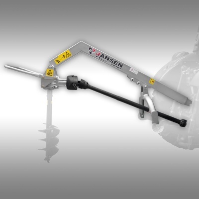 Equipamento agrícola com braço cinza, broca de perfuração e eixo preto, marca JANSEN