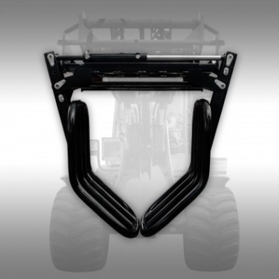 Estrutura metálica preta montada na frente de veículo industrial com tubos curvos