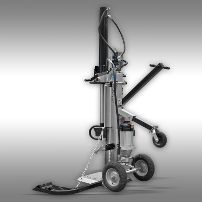 Máquina de corte vertical móvel em metal prateado e preto