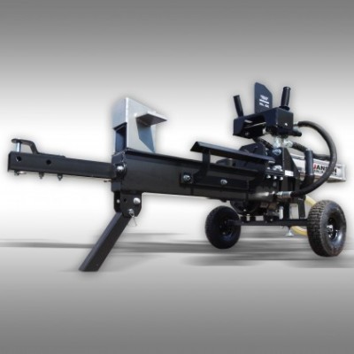 Máquina de corte de troncos preta com rodas e estrutura metálica