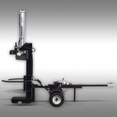 Empilhador manual preto com coluna branca e rodas, em fundo cinza