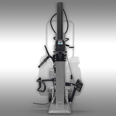 Máquina de desbastar de madeira metálica cinza com alavancas pretas e painel de controle colorido