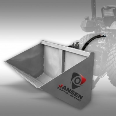 Caçamba metálica cinzenta com logo JANSEN DAS 3600 ligada a equipamento motorizado