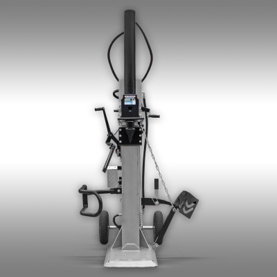 Máquina de cortar lenha vertical metálica cinza e preta com rodas e mostrador digital