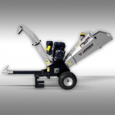 Máquina de cortar madeira cinza e preta com motor e rodas, texto JANSEN FRANCE