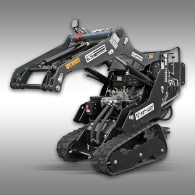 Carregadora compacta JANSEN KL-200 preta com esteiras e sistema hidráulico
