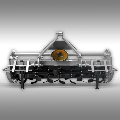 Enxada rotativa metálica agrícola com lâminas e suporte triangular
