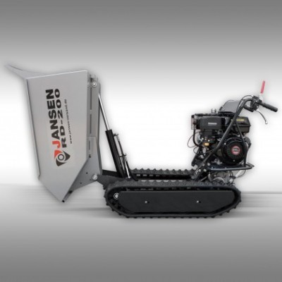 Máquina carregadora com lagartas pretas e compartimento de carga cinza com texto JANSEN RZ 200