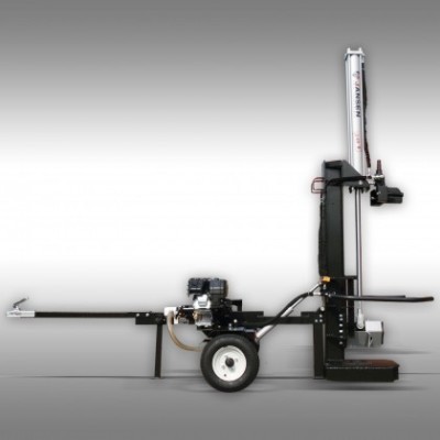 Máquina industrial preta e cinzenta com roda branca num fundo cinzento