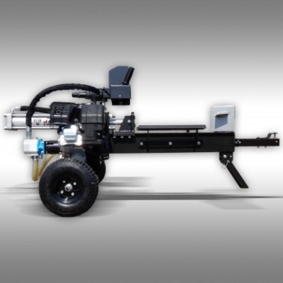 Máquina de fenda de madeira motorizada preta com roda preta e componentes em cinza e azul