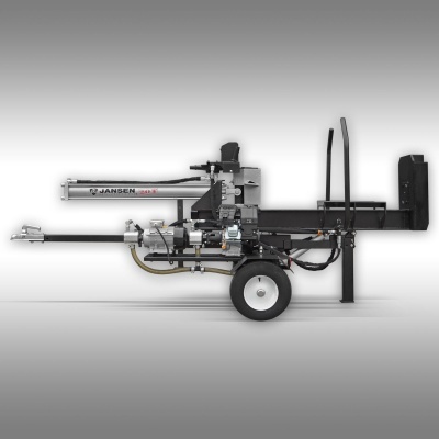 Máquina de abrir troncos metálica com rodas brancas e cilindro prateado