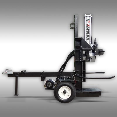 Máquina corta-lenhas preta com rodas brancas e texto JANSEN no cilindro