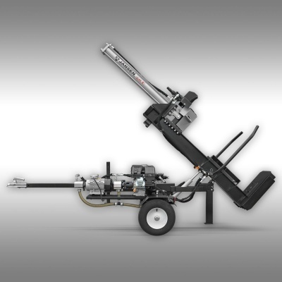 Máquina industrial metálica preta e prata com texto 'MAXIMUM 80' e rodas em fundo cinza