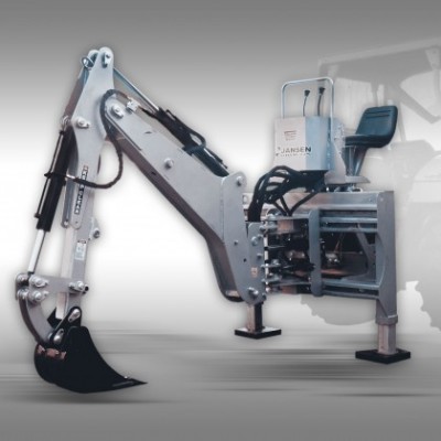 Máquina escavadora compacta cinza claro com assento preto e braço hidráulico