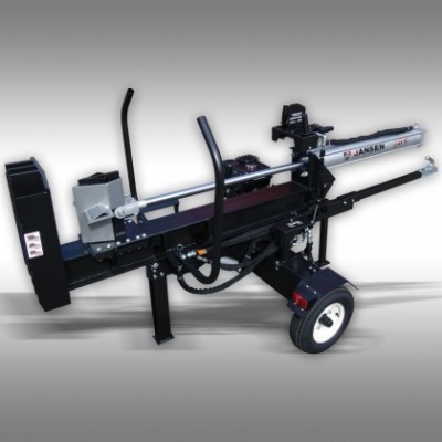 máquina de partir madeira preta e prateada com rodas e alavancas