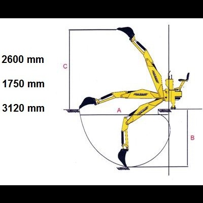 Desenho técnico de máquina escavadora amarela com dimensões