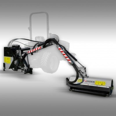 Máquina agrícola preta com braços hidráulicos vermelhos e brancos e etiqueta JANSEN