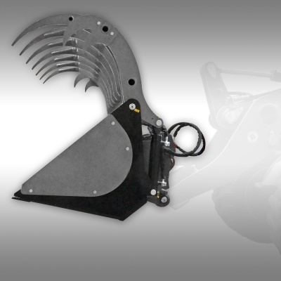 Garra hidráulica metálica preta e cinzenta para maquinaria pesada