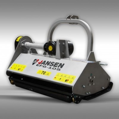 Maquina agrícola metálica JANSEN EFC-105 com etiquetas amarelas de segurança