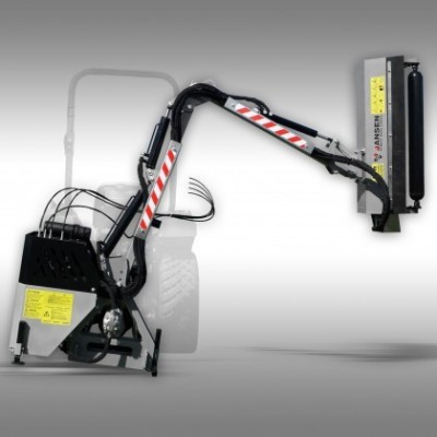 Braço mecânico articulado preto com faixas brancas e vermelhas e placa metálica cinzenta