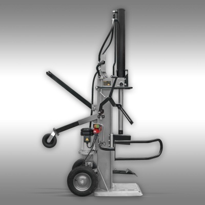 Cortador elétrico de madeira com base metálica prateada e rodas pretas