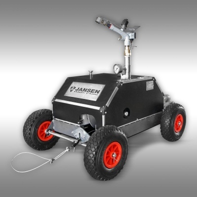 Carrinho robótico preto com rodas vermelhas e suporte metálico com instrumentos