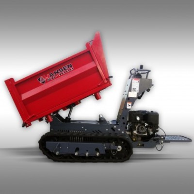 Dumper vermelho e cinza com esteiras em fundo cinzento