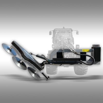 Implemento agrícola com discos circulares ligados a trator translúcido