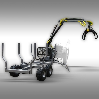 Reboque metálico com braço hidráulico e garra