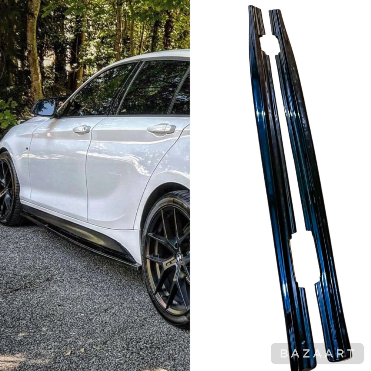 Carro branco estacionado junto a árvores e acessórios automóveis pretos em fundo branco.