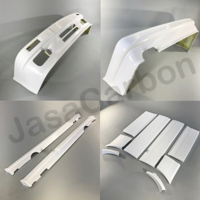 Conjunto de peças em fibra de vidro branca para carro sobre fundo cinzento, marca 'JasaCarbon'