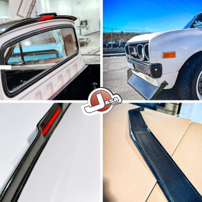 Quatro imagens de peças automóveis em branco e preto com detalhes em fibra de carbono e luz vermelha