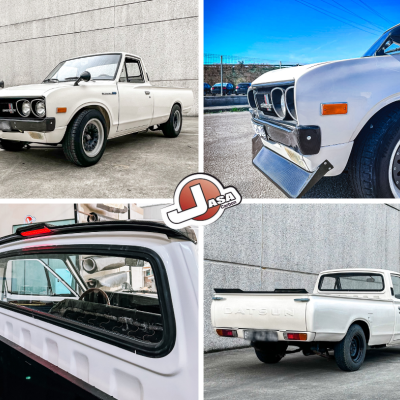 Pickup clássico branco Datsun em várias perspetivas exteriores