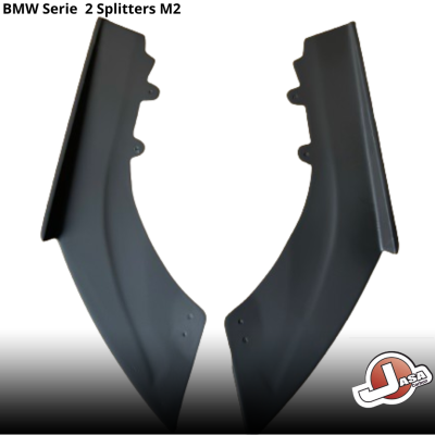 Par de splitters pretos para BMW Série 2 M2 em fundo branco com texto e logotipo