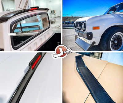 Quatro imagens de peças automóveis em branco e preto com detalhes em fibra de carbono e luz vermelha